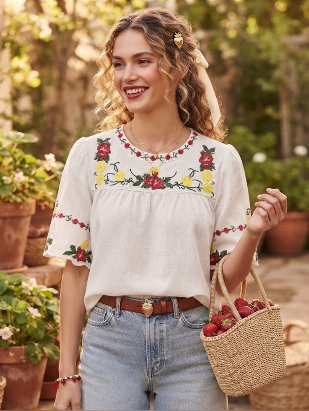SOLITAIRE White Strawberry Floral Cross Stitch Linen Blend Peasant Blouse Top XL